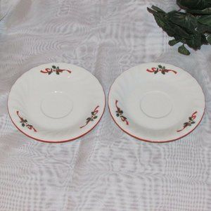 2 Saucers KOPIN CHRISTMAS PLEASURE Porcelain Red Rim Holly no teacups Holiday